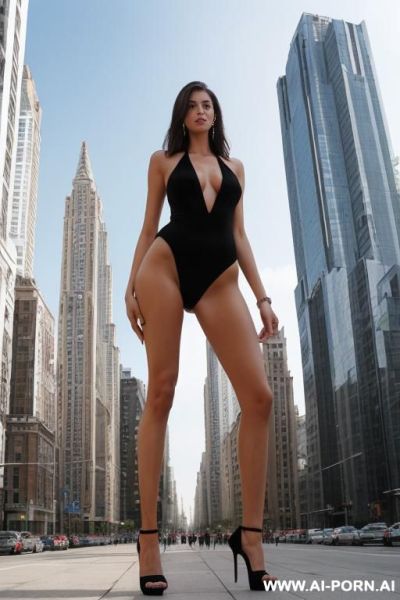At the feet of a tall giantess with huge, very long, slender feet. she is standing up taller than buildings around her. (((her feet are twice normal sizel))) - ai-porn.ai on pornsimulated.com