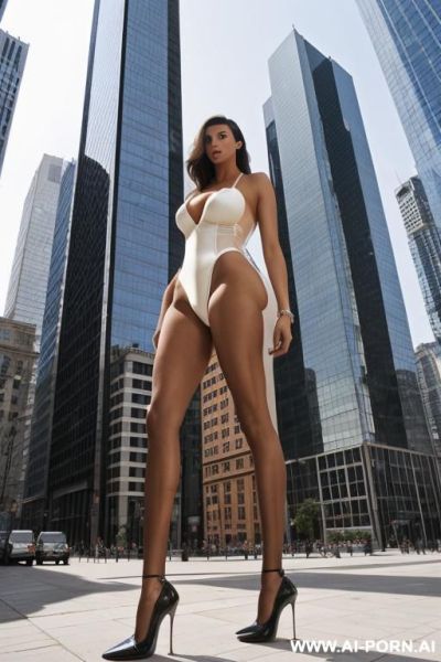 At the feet of a tall, slender giantess who is taller than the buildings around her. (((she has massive long and wide feet))) - ai-porn.ai on pornsimulated.com