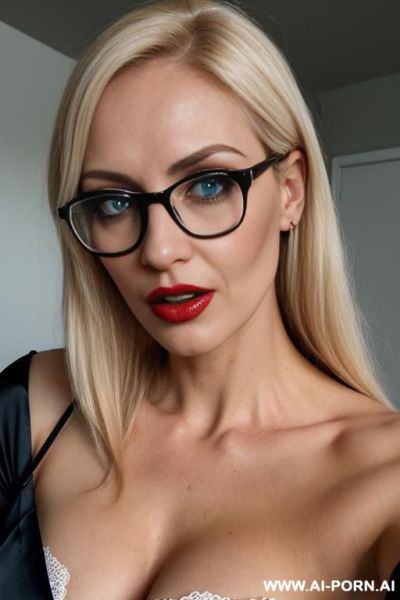 Secretary, high heels, extreme slutty, heavy makeup, red wide lips, open mouth, black pencil skirt, white blouse, glasses, stiletto high heels, dripping cum on face, pov cumshot, zoom face - ai-porn.ai on pornsimulated.com