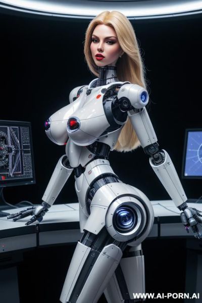 Robot, front view, full body view, standing, hands on spaceship control desk, looking at viewer, beautiful seductive human face with tanned silicone skin, long straight blonde hair, big lips, wide - ai-porn.ai on pornsimulated.com