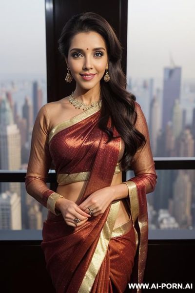 (((asin))), ((fancy shiny sparkling red crew neck long sleeve sari )), (christmas), (big full lips), ((smiling at the camera)), photorealistic, indian, (ultra detailed photo), (hyper realistic photo), - ai-porn.ai - India on pornsimulated.com