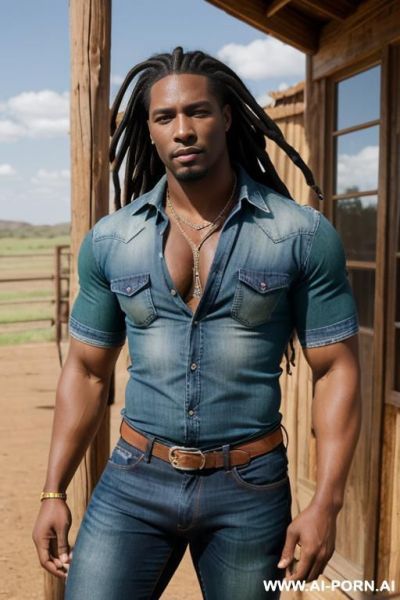 1, african male, fit, unbuttoned shirt, blue jeans, flexing, ft tall, 225lbs, proud face, long dreads black hair, green eyes, no beard or mustache, bulging crotch, at the ranch, midday, dynamic view - ai-porn.ai on pornsimulated.com