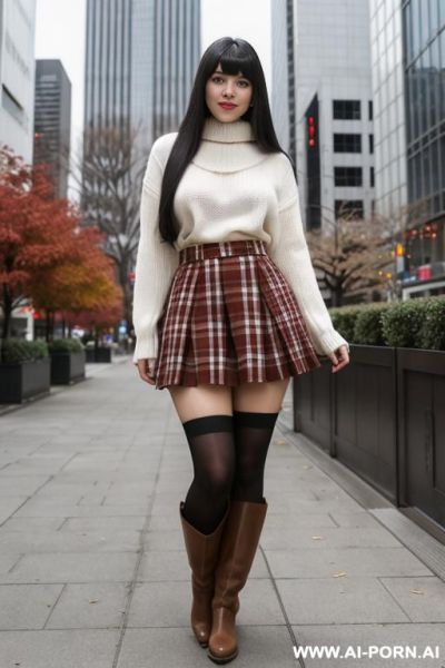 Black straight hair, ((long hair)), bangs, proud face, long white sweater, red checked skirt, brown boots, (thick thighs:1.1), lifting up her skirt by herself, hold the skirt and lift it up, flash hairy pussy, hairy pussy, standing, downtown - ai-porn.ai on pornsimulated.com