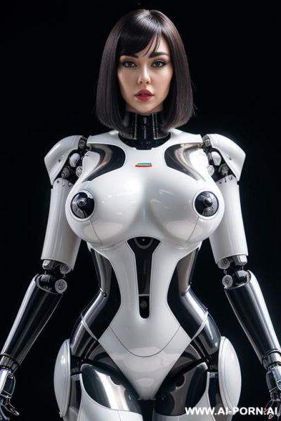 (beautiful realistic very detailed very sensual male with penis ,realistic robot tranformer style robo-cop robot doll total meccanical artificial robot body woman) with long black hair and black-white - ai-porn.ai on pornsimulated.com