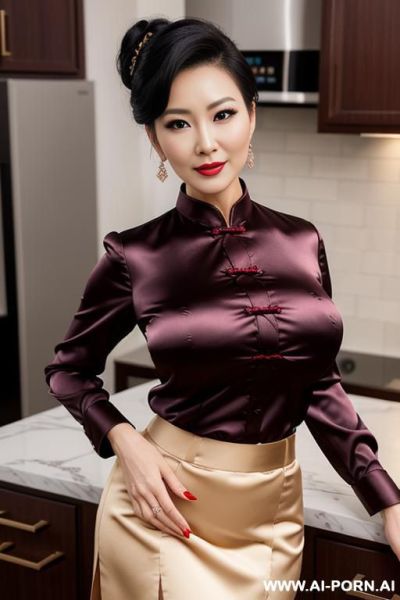 Busty chinese milf is wearing skirt and satin buttoned shirt, detailed face, seductive smirk. walking in a kitchen - ai-porn.ai - China on pornsimulated.com