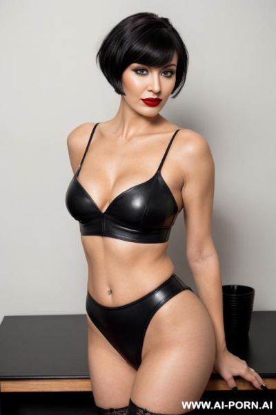 The image is a portrait of a woman posing in a studio. she is standing in front of a wooden desk with her body slightly turned to the side. the woman is wearing a black crop top and - ai-porn.ai on pornsimulated.com