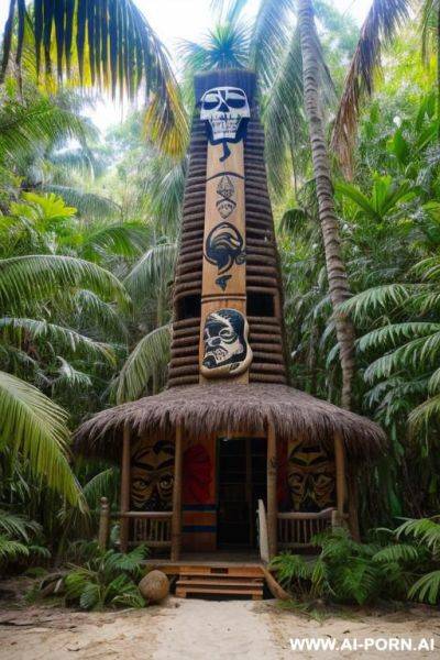 On a pirate beach. old totem in the jungle on the left - ai-porn.ai on pornsimulated.com