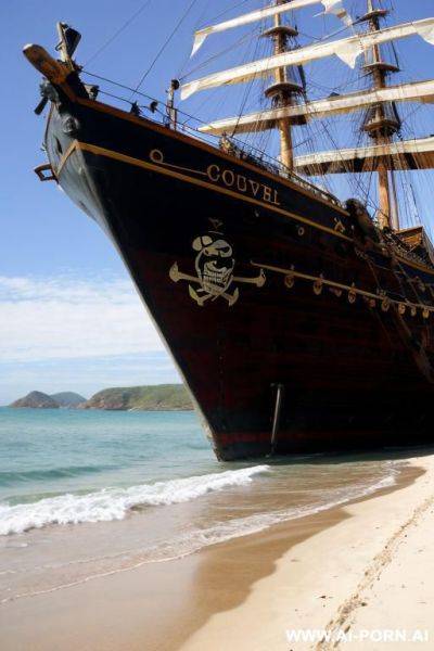 On a pirate beach. in the front of huge pirate ship. sad face - ai-porn.ai on pornsimulated.com