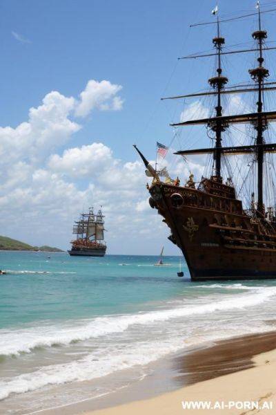 On a pirate beach. in the front of huge pirate ship. sad - ai-porn.ai on pornsimulated.com
