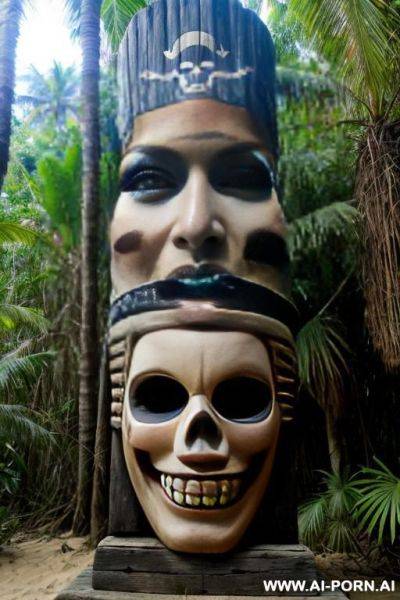 On a pirate beach. smiling. old totem in the jungle - ai-porn.ai on pornsimulated.com