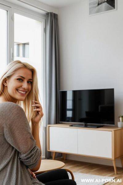 Inside an appartment.evening night. watching tv. smiling - ai-porn.ai on pornsimulated.com