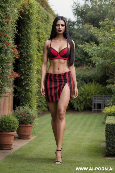 Indian, long hair, fit, abs, muscular arms, big ass, tall, long legs, navel piercing, red black stripes bra, red pleat skirt, looking at camera, full body, stiletto, in garden - ai-porn.ai - India on pornsimulated.com