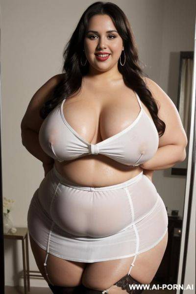 Naked brown-eyed, bbw, fat hourglass,, with long black hair, white-skinned arms behind head, wet armpit, wet pussy, thick body, high heels, neck belt, big earrings, stockings - ai-porn.ai on pornsimulated.com