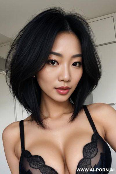 Asian sexy woman, messy hair, bobs, black push up bra, hand on hair, front view - ai-porn.ai on pornsimulated.com