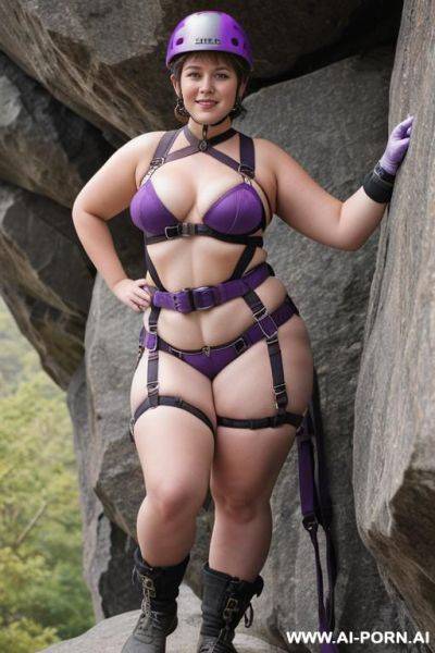 Chubby female, wearing purple rock climbing belt harness with wide straps, helmet, no clothes - ai-porn.ai on pornsimulated.com