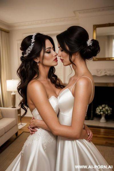 A photorealistic image of a gorgeous woman with her woman in wedding dresses in the living room kissing each other - ai-porn.ai on pornsimulated.com