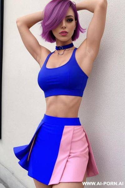 Neutral_standing_position, (fitness woman), ((blue skirt)), (multi-colored crop top)), (choker) - ai-porn.ai on pornsimulated.com