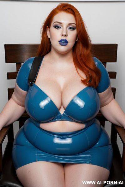A woman with ginger hair and blue lips with a blue latexdress covering on her chin and jaw is looking up. - ai-porn.ai on pornsimulated.com
