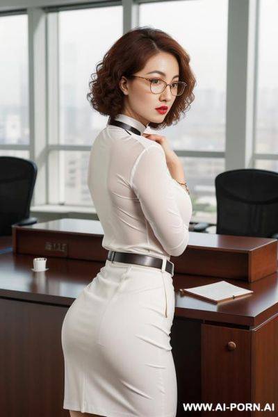 (round glasses), (short hair), (curly hair), (white skin), (cloths on), (librarian), (office skirt), (choker), (sexy) - ai-porn.ai on pornsimulated.com