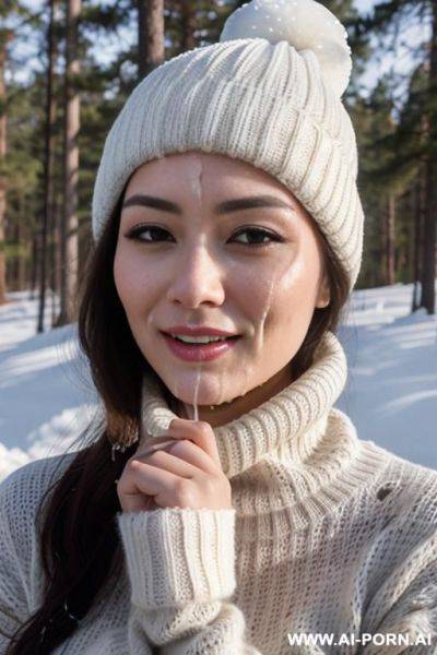 (((covered in a lot of cum))) cum dripping off of face, straight face, white knitted hat, turtleneck gray sweater, hands on chin, forest, snow is falling - ai-porn.ai on pornsimulated.com