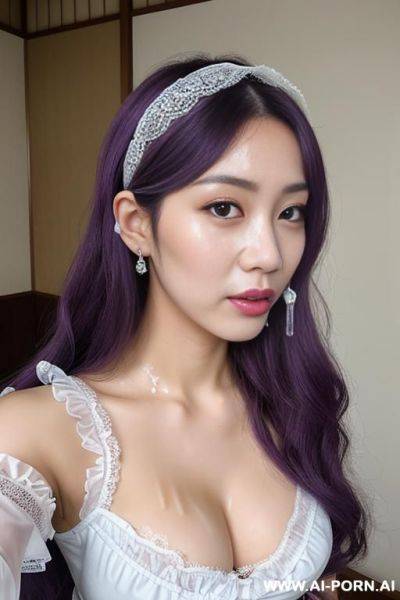 Cum shot, (((covered in a lot of cum))) cum dripping off of face, idol, staring, lace headband, idol, staring, lace headband, frilly blouse, puff sleeves, pastel purple, hands on chin, studio, selfie - ai-porn.ai on pornsimulated.com