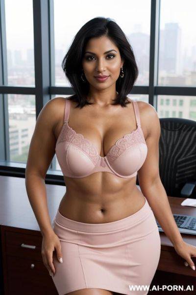 Indian, short straight hair, curvy, abs, muscular arms, big ass, tall, long legs, navel piercing, pink bra, pink pleat skirt, looking at camera, full body, stiletto - ai-porn.ai - India on pornsimulated.com