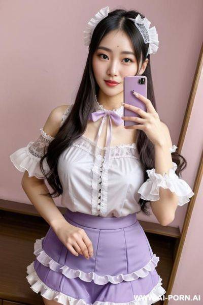 Idol, staring, lace headband, frilly blouse, frilly skirt, puff sleeves, pastel purple, hands on chin, studio, selfie - ai-porn.ai on pornsimulated.com