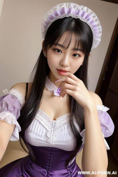 Idol, staring, lace headband, frilly blouse, puff sleeves, pastel purple, hands on chin, studio, selfie - ai-porn.ai on pornsimulated.com