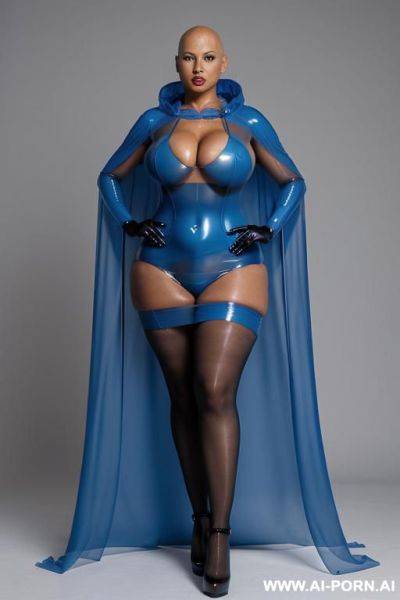 A eboby woman with bald head and blue lips wearing a transparent blue latex dress and a transparent blue latex hoodcape. - ai-porn.ai on pornsimulated.com