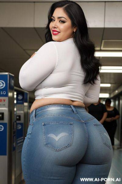 Super , showing massive ass, huge heart shaped butt, mexican, chola style, gangster rapper, tight white shirt, tight high rise jeans, very wide hips, hourglass shaped, extra thicc - ai-porn.ai - Mexico on pornsimulated.com