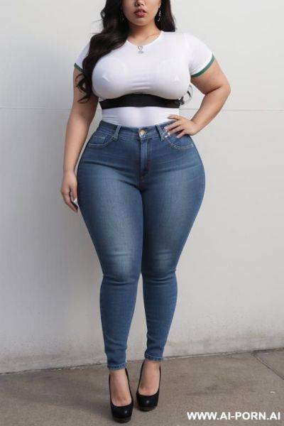 Very , mexican, chola style, tight white shirt, tight blue high rise jeans, very wide hips, hourglass figure, big eyes, full shot, extra thicc - ai-porn.ai - Mexico on pornsimulated.com