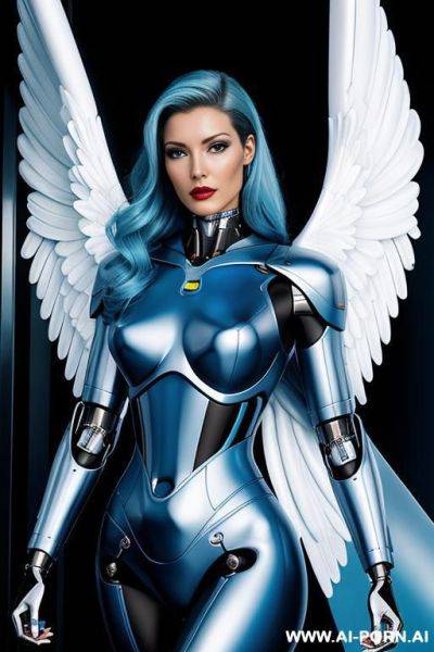 Immagine realistica di elevata qualità, angel cyborg robot metallic di colore waith and sky blue. - ai-porn.ai on pornsimulated.com