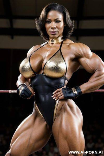Mma gloves, gold bodysuit, gold clothes, gold swimsuit, choker, waist shot - ai-porn.ai on pornsimulated.com