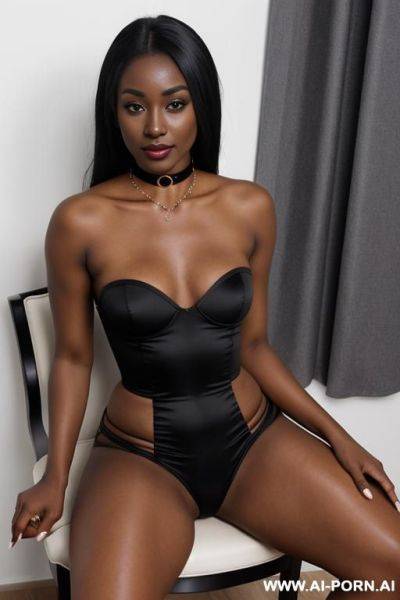 Thick thighs, wide hips, thick lips, thick choker, long black hair, black lipstick, showing pussy, leaning back, no panties, no bra, - ai-porn.ai on pornsimulated.com