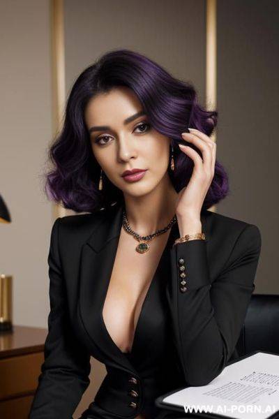 Boss woman adjusting hair massive boobs long curly purple hair corset strapless dress deep v - ai-porn.ai on pornsimulated.com
