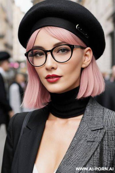 Her hair is two-tone, with pink on the left and black on the right.she wears round glasses.she wears a black beret. - ai-porn.ai on pornsimulated.com