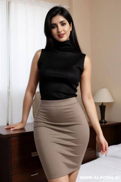 Bedroom, sleeveless turtleneck, skirt down to thigh - ai-porn.ai on pornsimulated.com