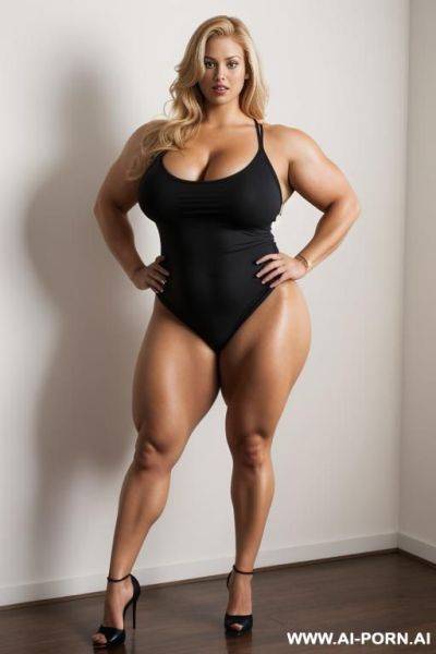 A fully naked beautiful woman standing, thick thighs, massive thighs, massive muscled bulked up legs, obese thighs, blonde hair - ai-porn.ai on pornsimulated.com