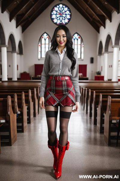 Plaid skirt, over the knee, bright red boots, stripper stiletto heels, grey pantyhose - ai-porn.ai on pornsimulated.com