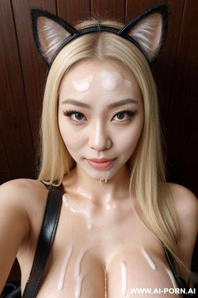 Idol, cosplay, staring, blonde, cat ear headband, leather bra, facial cumshot, (((covered in a lot of cum))) cum dripping off of face, lot of cum, meow meow pose, forest, selfie - ai-porn.ai on pornsimulated.com
