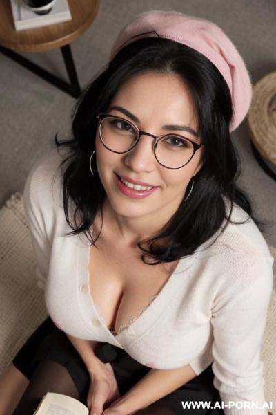 A japanese woman.20 years old. her hair is two-tone, with pink on the left and black on the right.her hair is in twin tails.she is wearing a black beret.she is wearing round glasses.she is - ai-porn.ai - Japan on pornsimulated.com