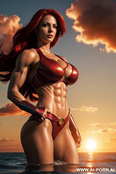 Beautiful superheroine floating in clouds at sunset, toned muscles - ai-porn.ai on pornsimulated.com