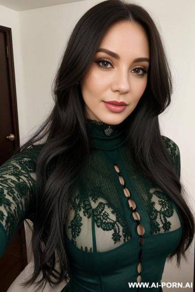 Woman long hair green lace turtleneck selfie - ai-porn.ai on pornsimulated.com