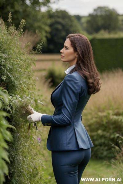 British posh lady, tweetjacket, squattingin weeds behind bushes in countryside. side-view - ai-porn.ai - Britain on pornsimulated.com