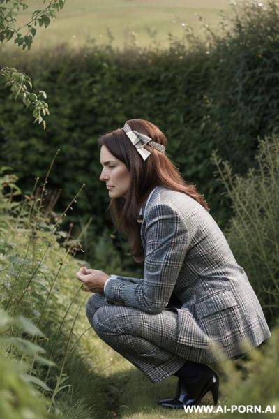 British posh lady, tweedjacket, squatting in weeds behind bushes in countryside, pants, bowed head, side-view - ai-porn.ai - Britain on pornsimulated.com