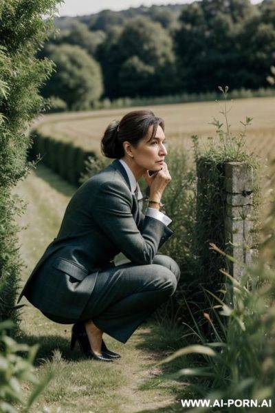 French rich posh lady, tweedjacket, squatting in weeds behind bushes in countryside, pants, bowed head, side-view - ai-porn.ai - France on pornsimulated.com
