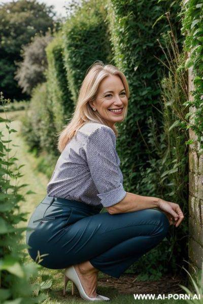 British posh lady, squatting in weeds behind hedge in countryside, pants, side-view - ai-porn.ai - Britain on pornsimulated.com