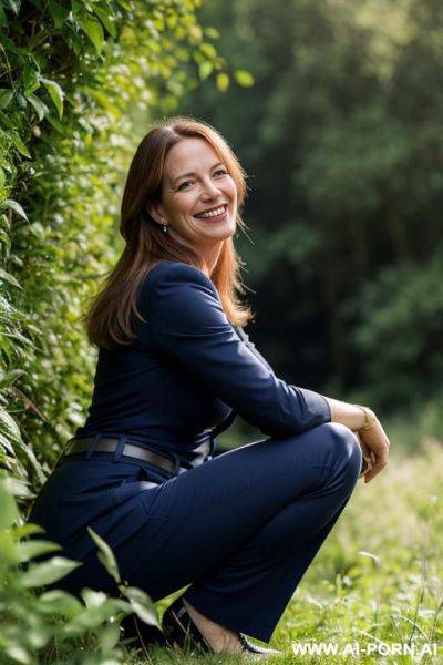 British posh lady, squatting in underbrush in countryside, pants, side-view - ai-porn.ai - Britain on pornsimulated.com