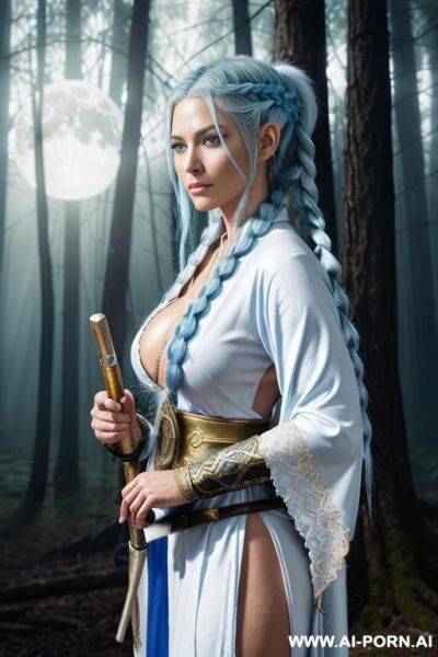 Anime elf woman, long silver hair, blue eyes, sad expression, white and blue robe with gold patterns, holding a wooden staff, magical sparkles around, ancient forest background, anime style, detailed face - ai-porn.ai on pornsimulated.com
