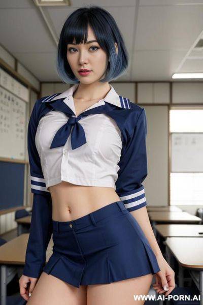 Beautiful japanese, blue hair, blue eyes, curvy, big hip, big ass, short hair, wearing sailor suit uniform, open legs, no panties - ai-porn.ai - Japan on pornsimulated.com